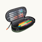 Oval Eco Pencil Case in green, open with pencils, showing logo placement