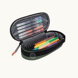 Oval Eco Pencil Case in green, open with pencils, showing logo placement