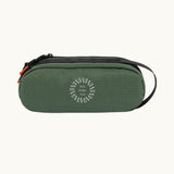 Oval Eco Pencil Case in olive green, closed, showing logo placement