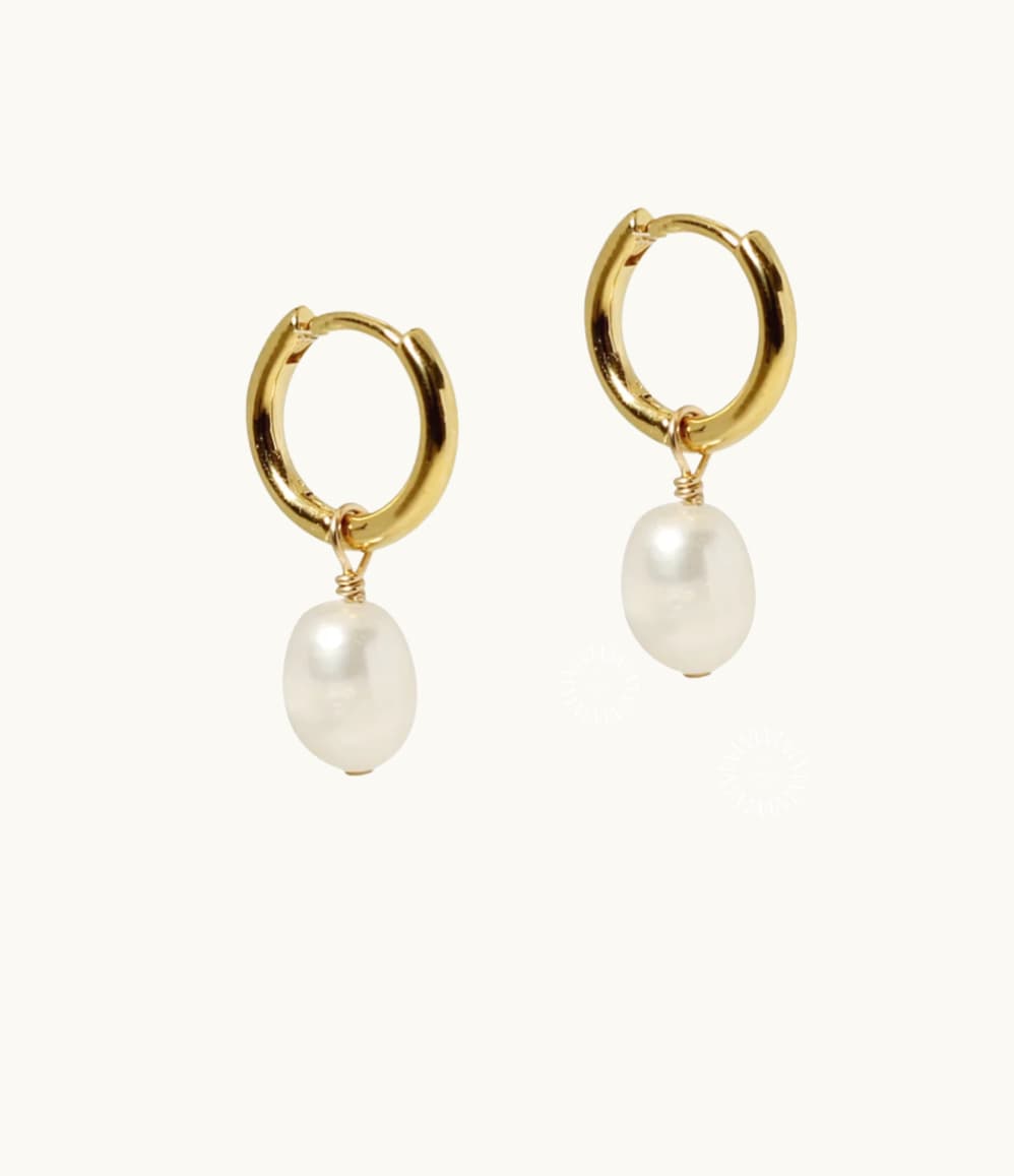 Baroque freshwater pearl earrings on gold-filled hoops, a premium corporate gift for women on your team