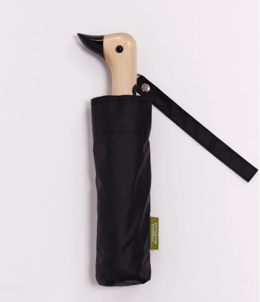 Personalised Black Duck Umbrella, closed, showing logo placement