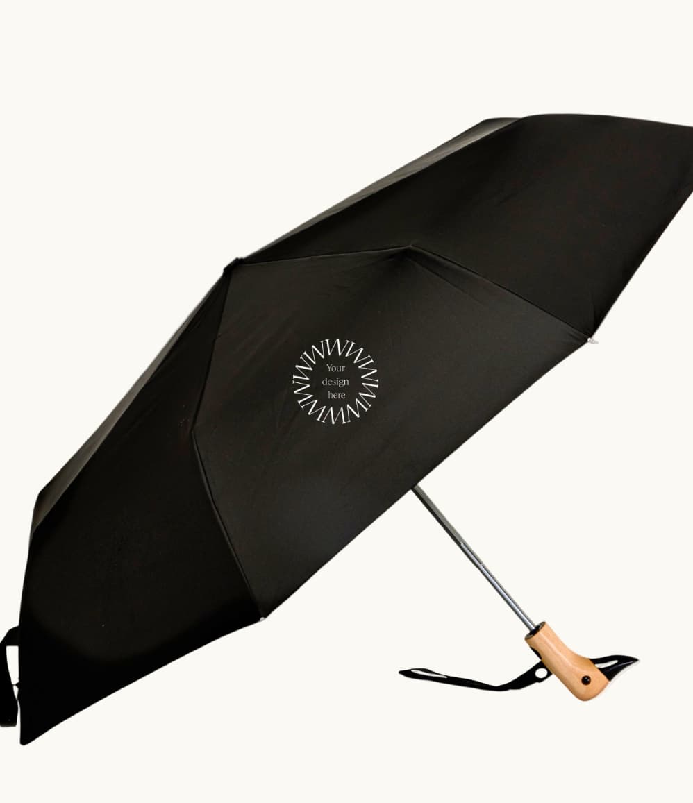 Personalised Black Duck Umbrella, open, showing logo placement