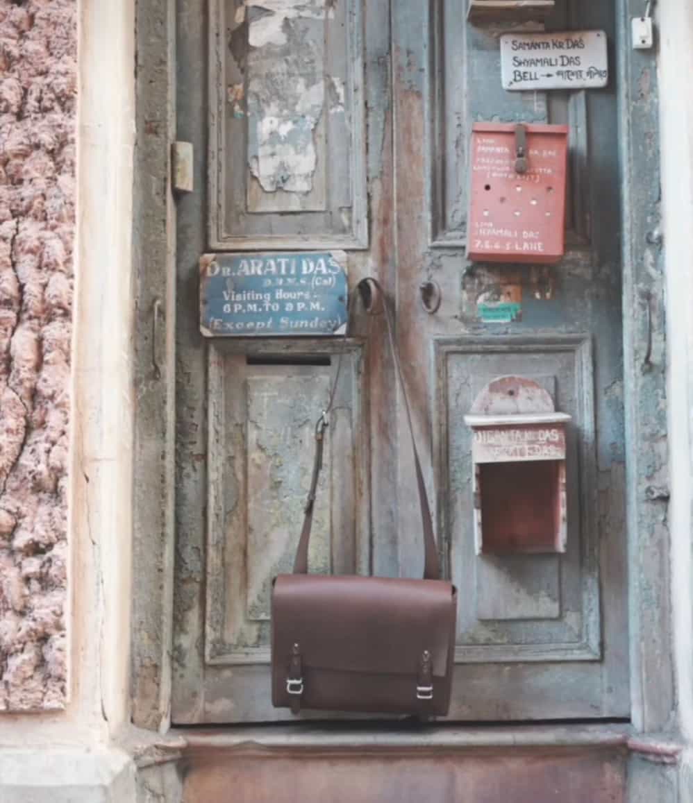 Personalised leather work satchel for client and executive gifting, hand-stitched by Fairtrade artisans in India