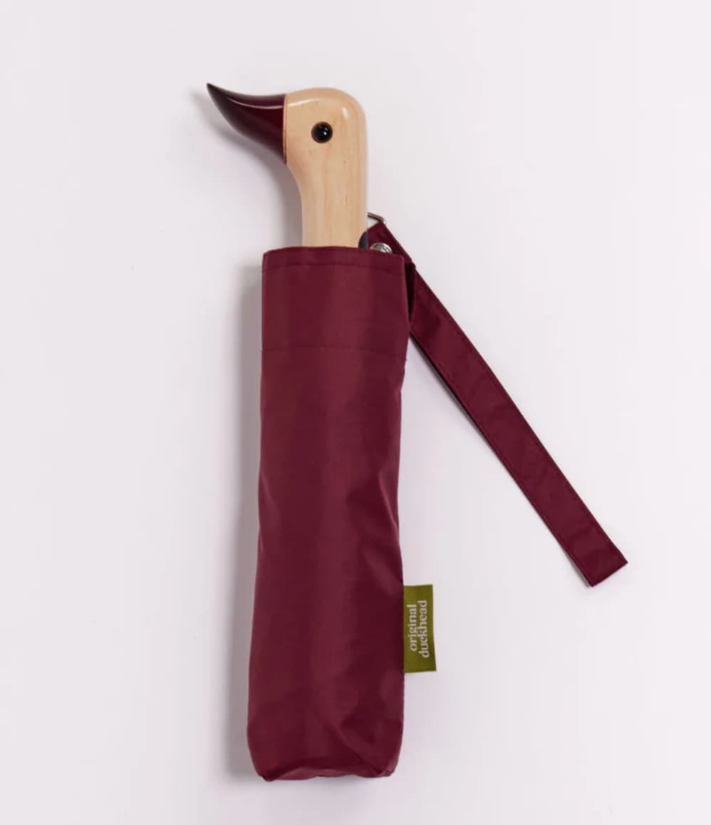 Personalised rasberry Duck Umbrella, closed.