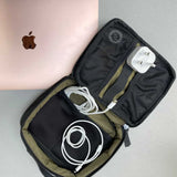 Upcycled travel organiser holding electronics and cables, a sustainable business travel gift.