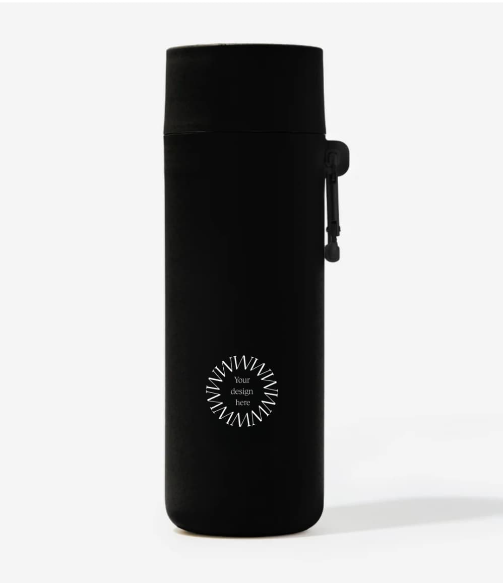 Plant Based Water Bottle in black, showing logo placement