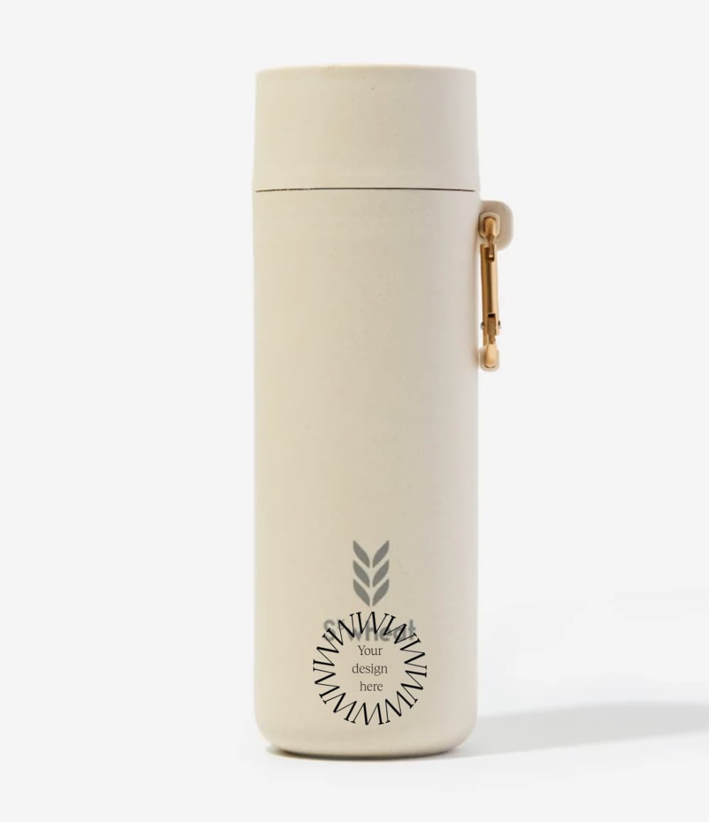 Plant Based Water Bottle in oat, showing logo placement