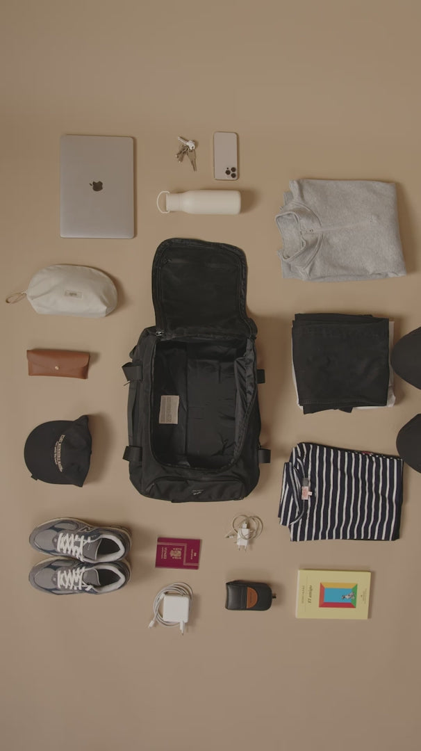 Travel Backpack 30L black recycled PET water resistant sustainable branded corporate gift video