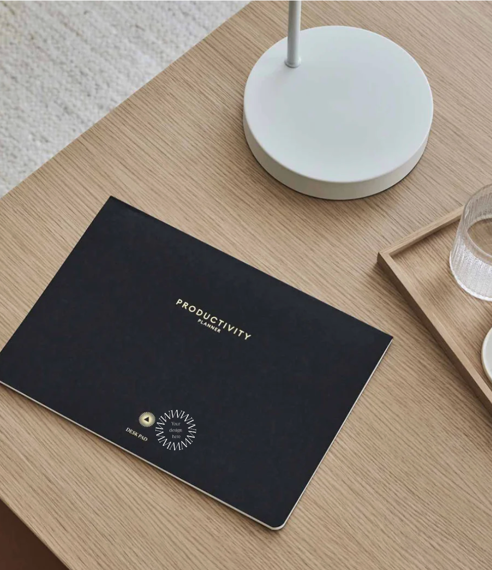 Productivity Daily Desk Pad for tracking goals, habits and wellbeing, sustainable wellness gift for employees and clients.