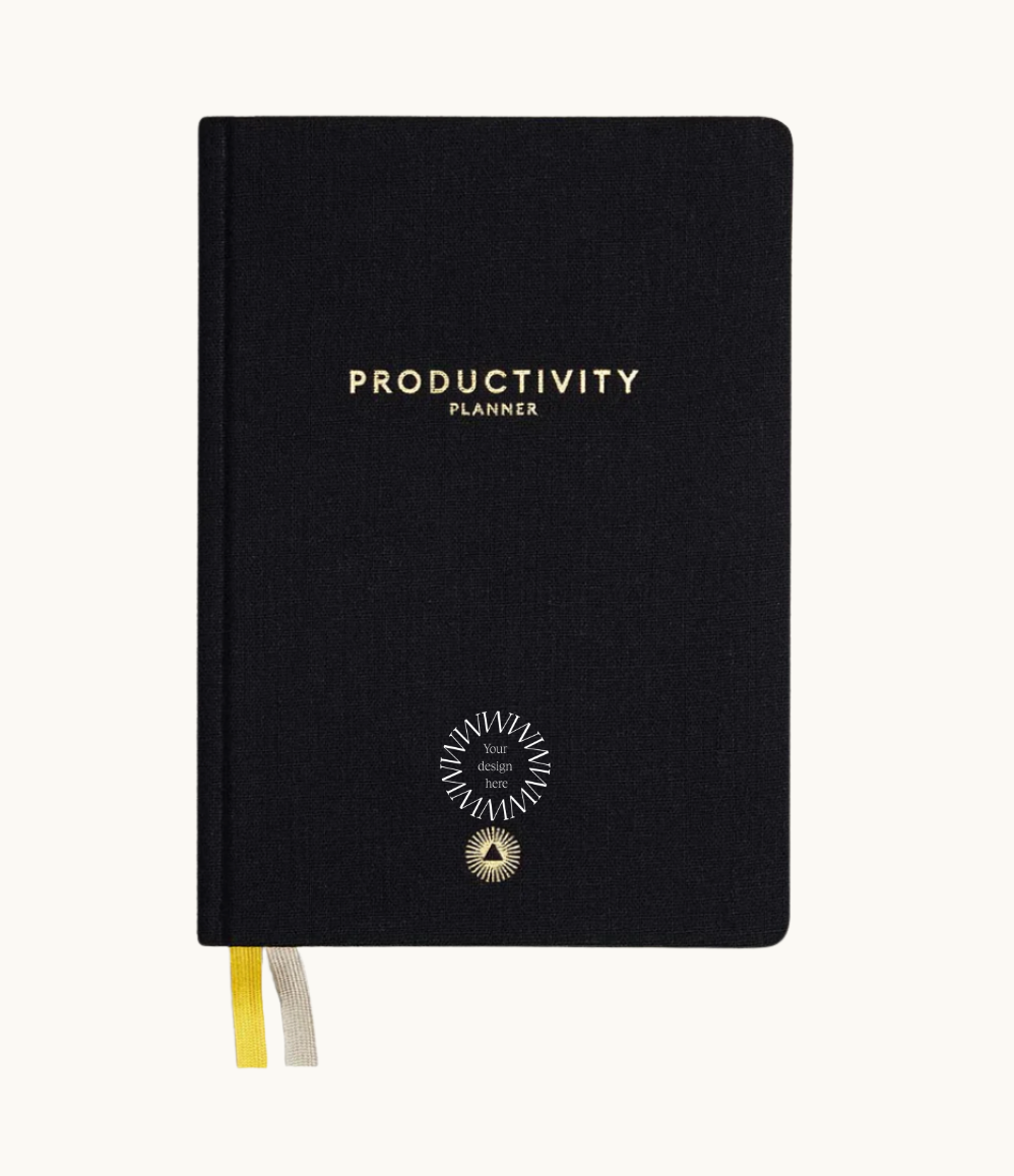 Productivity Planner in black linen cover, sustainable branded stationery and ideal corporate gift for employees and clients.
