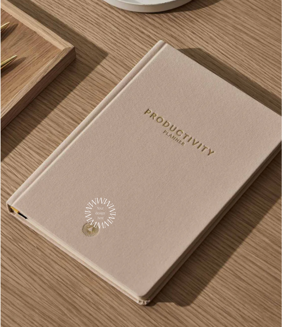 Productivity Planner in oat linen cover, personalised sustainable business stationery and ideal corporate gift for employee appreciation.