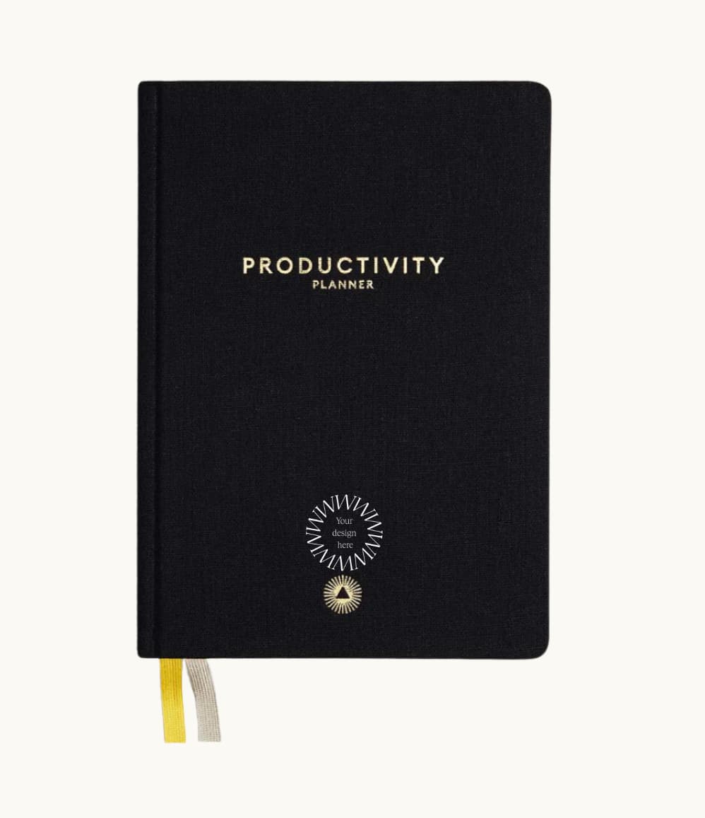 Productivity Planner, front cover in black, showing logo placement