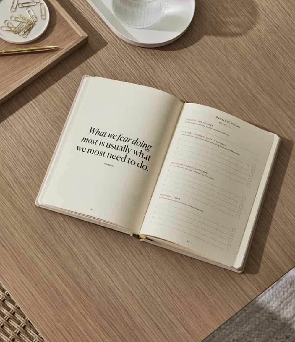 Productivity Planner, inside page reading "What we fear doing most is usually what we most need to do"