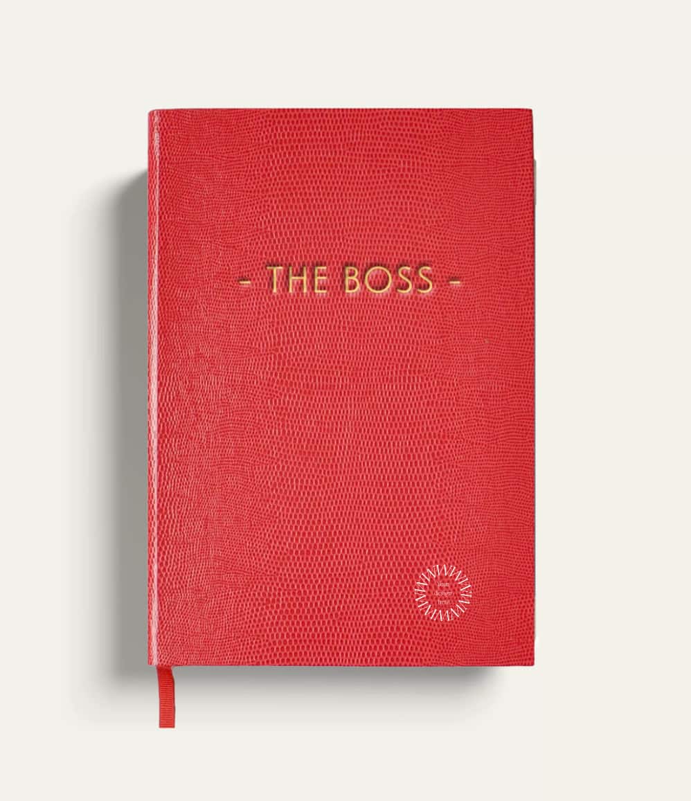 Red faux lizard The Boss notebook handmade in England with gold lettering, showing logo placement