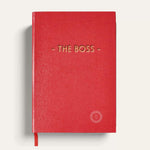 Red faux lizard The Boss notebook handmade in England with gold lettering, showing logo placement