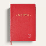 Red faux lizard The Boss notebook handmade in England with gold lettering, showing logo placement