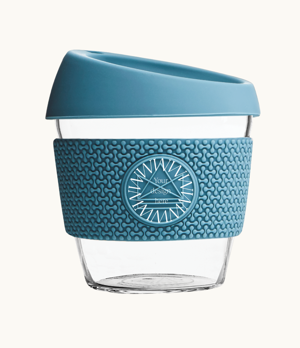 Blue reusable glass coffee cup with thermal sleeve, co-branded premium merch