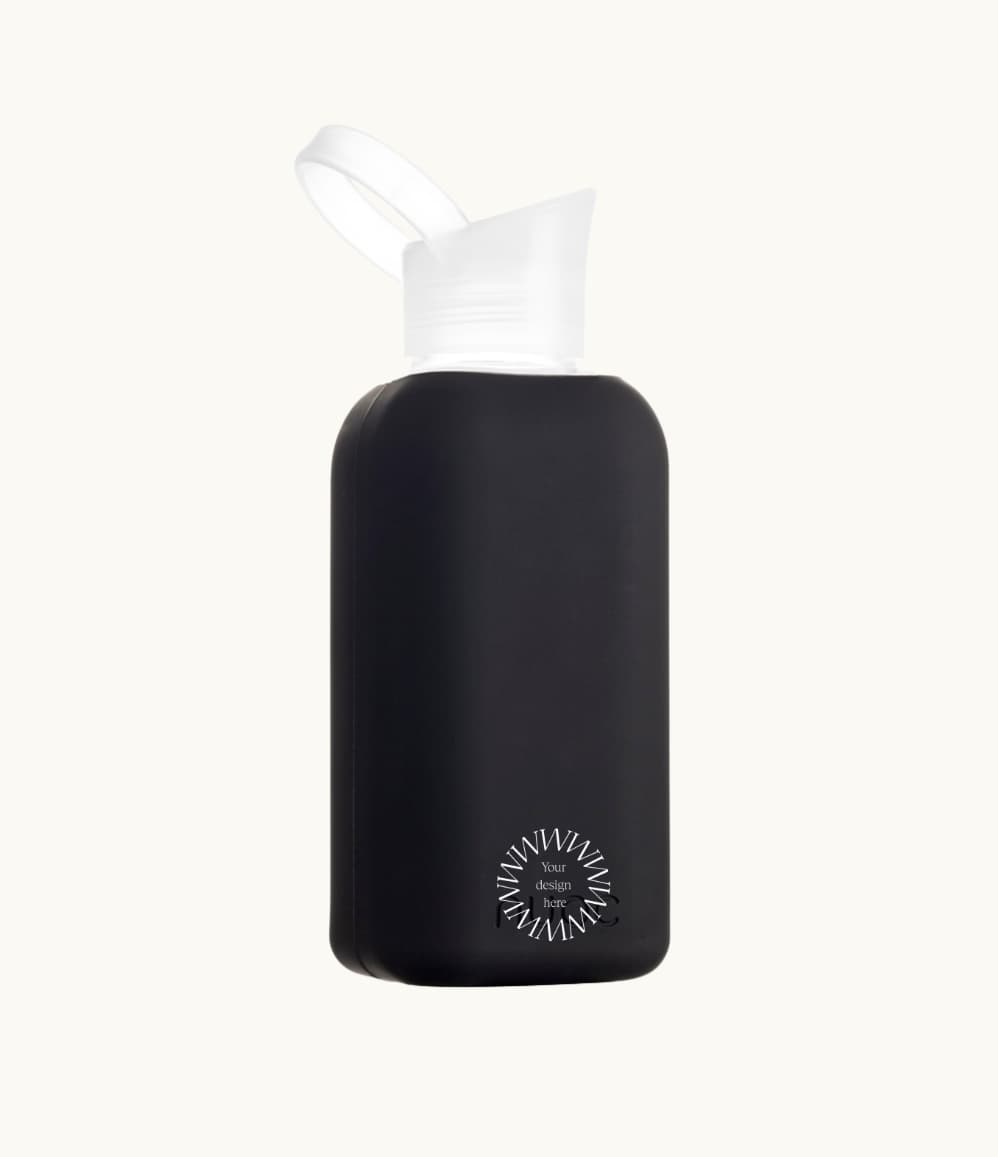 Reusable Glass Bottle 800ml in black, showing logo placement