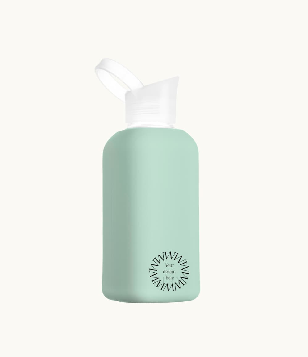 Reusable Glass Bottle 800ml in mint green, showing logo placement