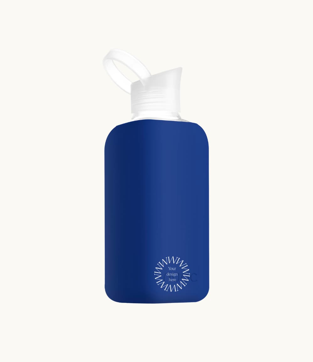 Reusable Glass Bottle 800ml in navy blue, showing logo placement