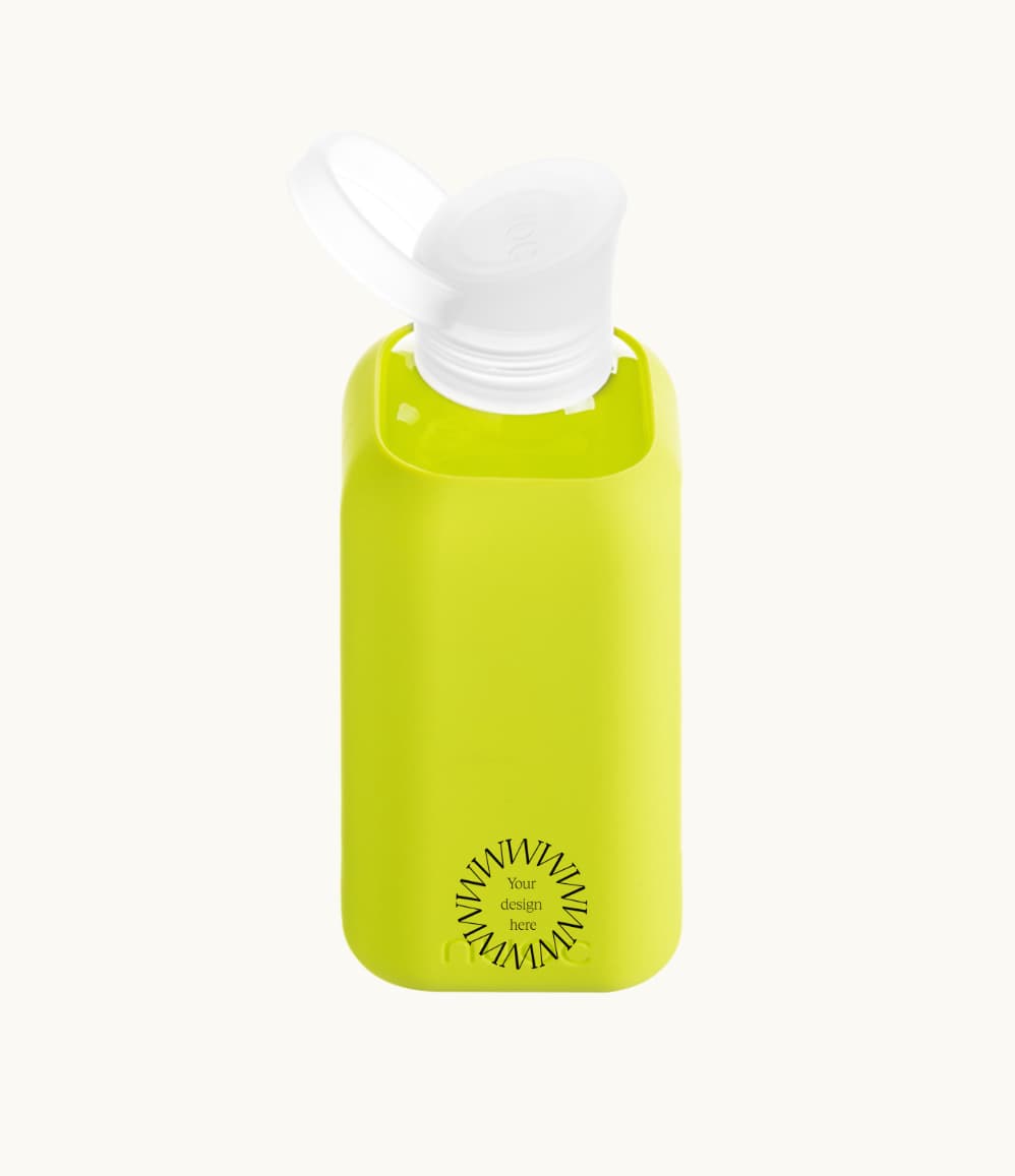 Reusable Glass Bottle 800ml in neon green, showing logo placement