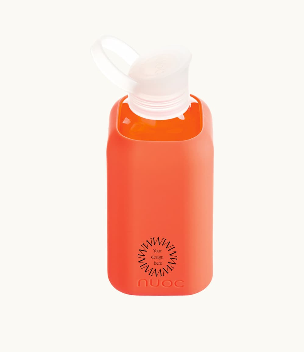 Reusable Glass Bottle 800ml in orange, showing logo placement