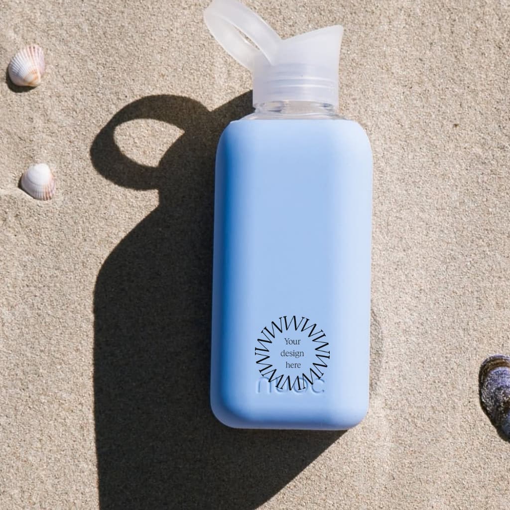 Reusable Glass Bottle 800ml in sky blue, showing logo placement