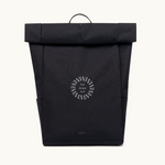 Sustainable branded merchandise roll top 15L backpack in black with padded straps, made from 24 recycled PET bottles.