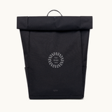 Sustainable branded merchandise roll top 15L backpack in black with padded straps, made from 24 recycled PET bottles.