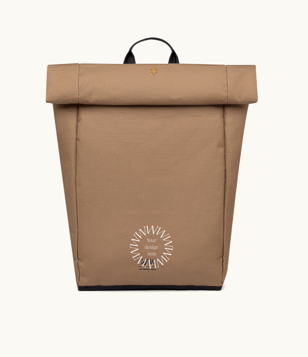 Sustainable branded merchandise rolltop 15L backpack in brown with padded straps, made from 24 recycled PET bottles.