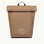 Sustainable branded merchandise rolltop 15L backpack in brown with padded straps, made from 24 recycled PET bottles.