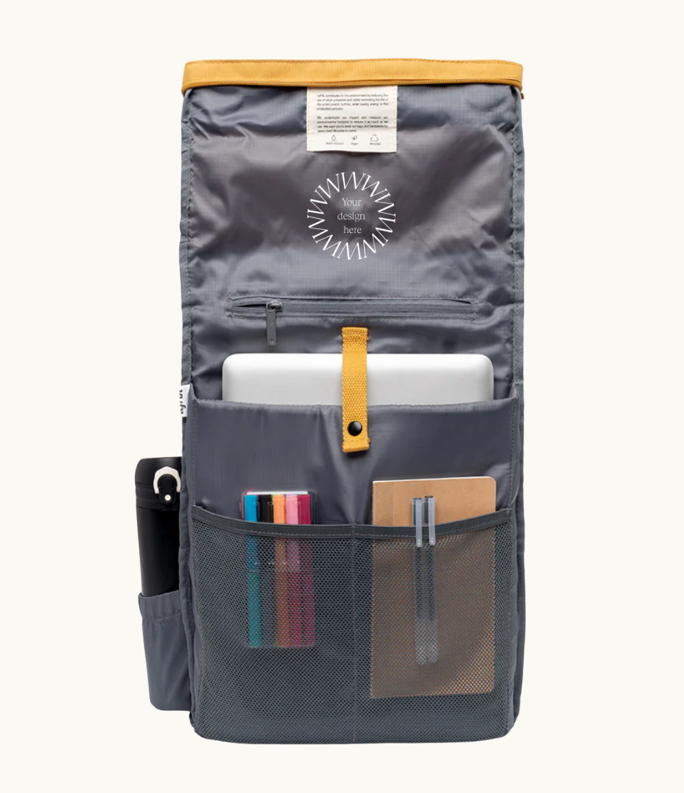 Vegan roll-top backpack in mustard, inside view with multiple internal pockets in waterproof recycled canvas for organised gadget storage. Sustainable branded merch