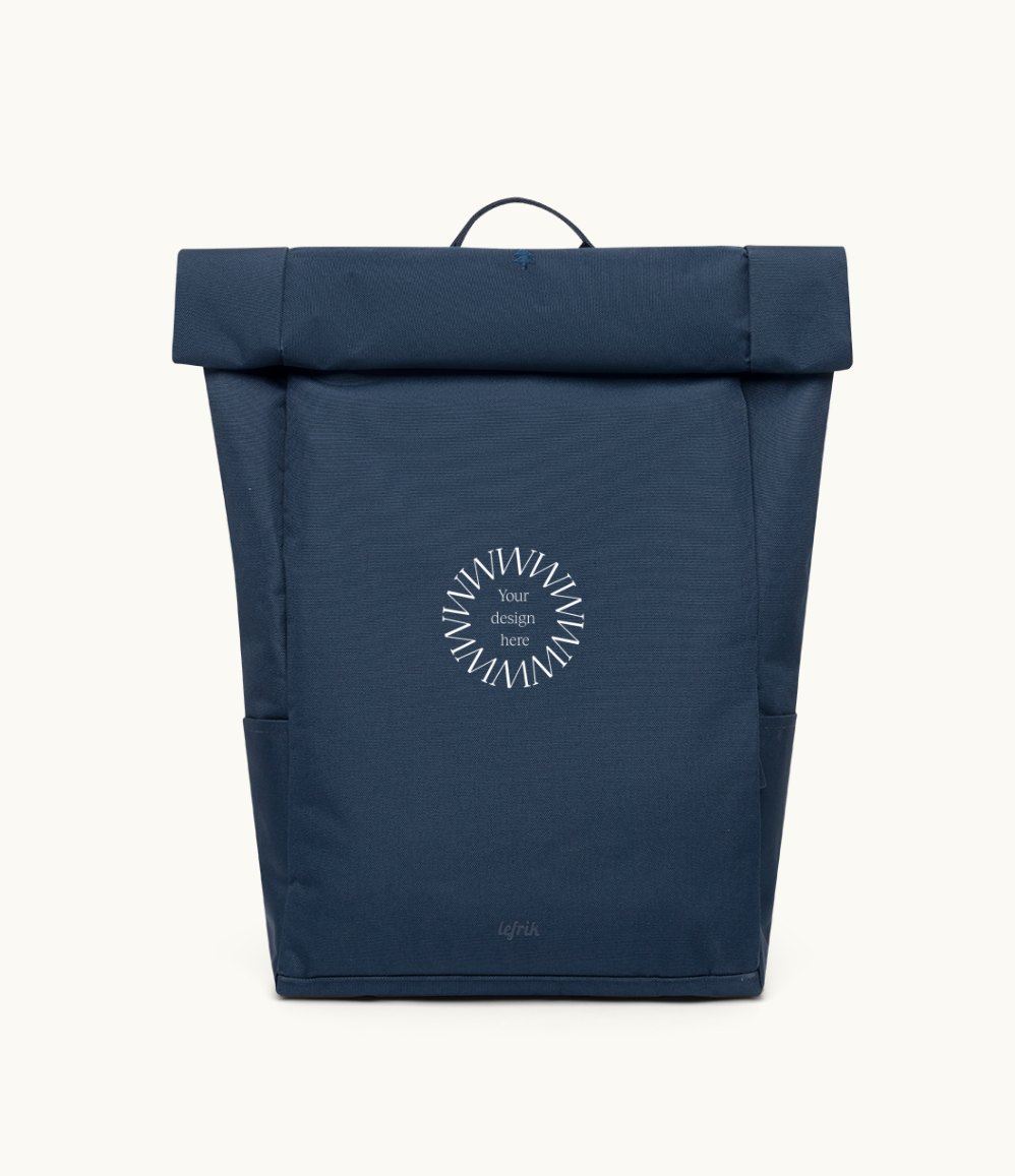 Sustainable branded merchandise rolltop 15L backpack in navy with padded straps, made from 24 recycled PET bottles.