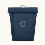 Sustainable branded merchandise rolltop 15L backpack in navy with padded straps, made from 24 recycled PET bottles.