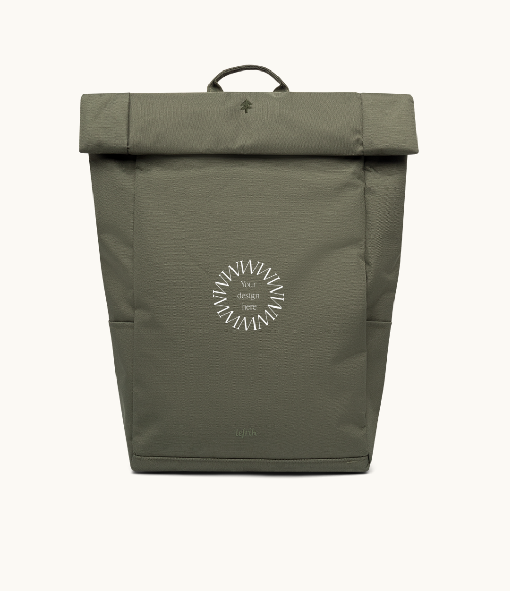 Sustainable branded merchandise rolltop 15L backpack in green with padded straps, made from 24 recycled PET bottles.