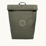 Sustainable branded merchandise rolltop 15L backpack in green with padded straps, made from 24 recycled PET bottles.