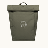 Sustainable branded merchandise rolltop 15L backpack in green with padded straps, made from 24 recycled PET bottles.