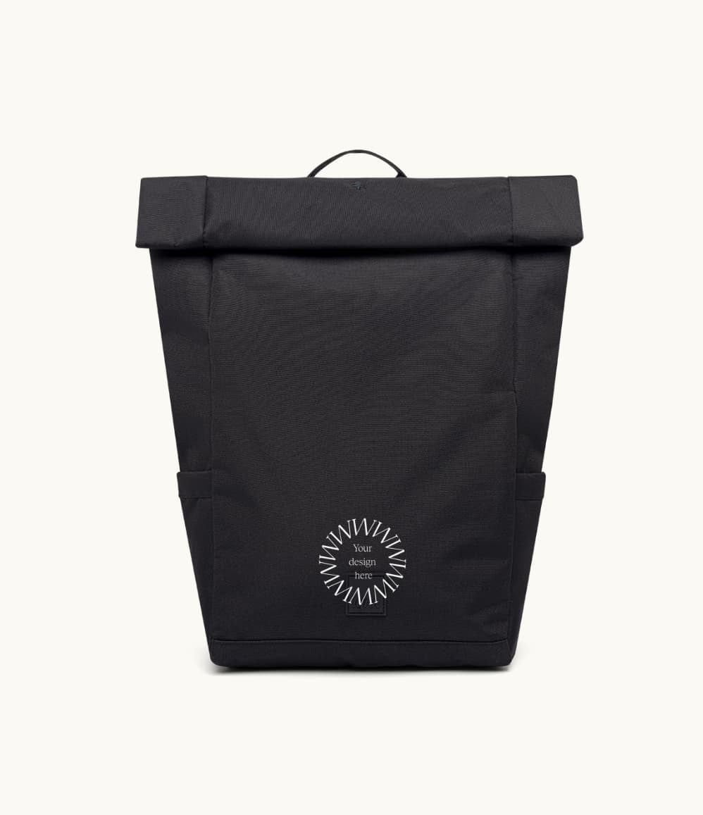 15L black vegan roll top backpack recycled PET premium sustainable branded merchandise