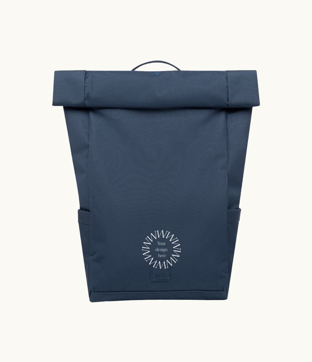 15L blue vegan roll top backpack premium sustainable corporate swag employee welcome pack
