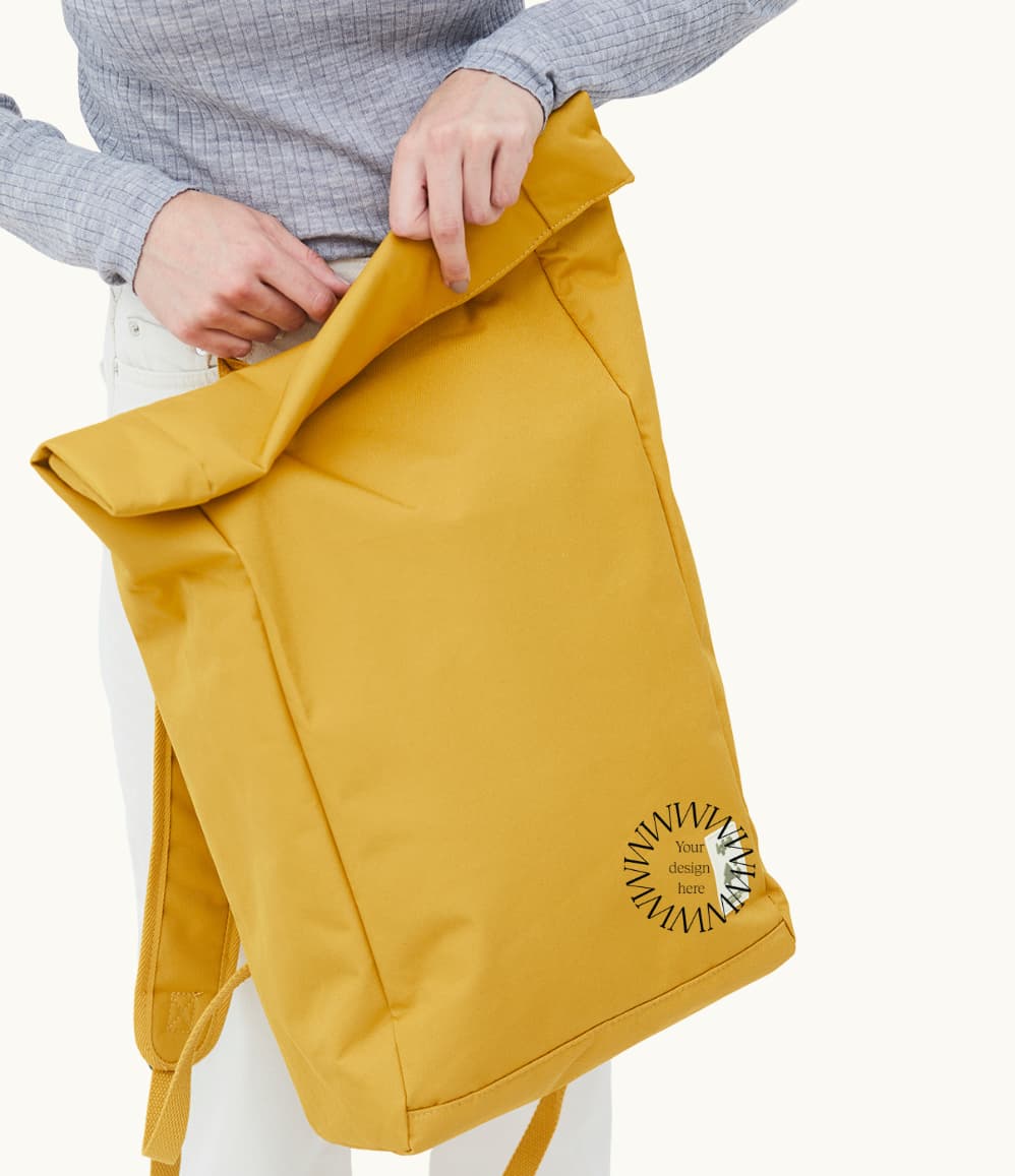 15L mustard vegan roll top backpack premium eco sustainable corporate swag brand activation