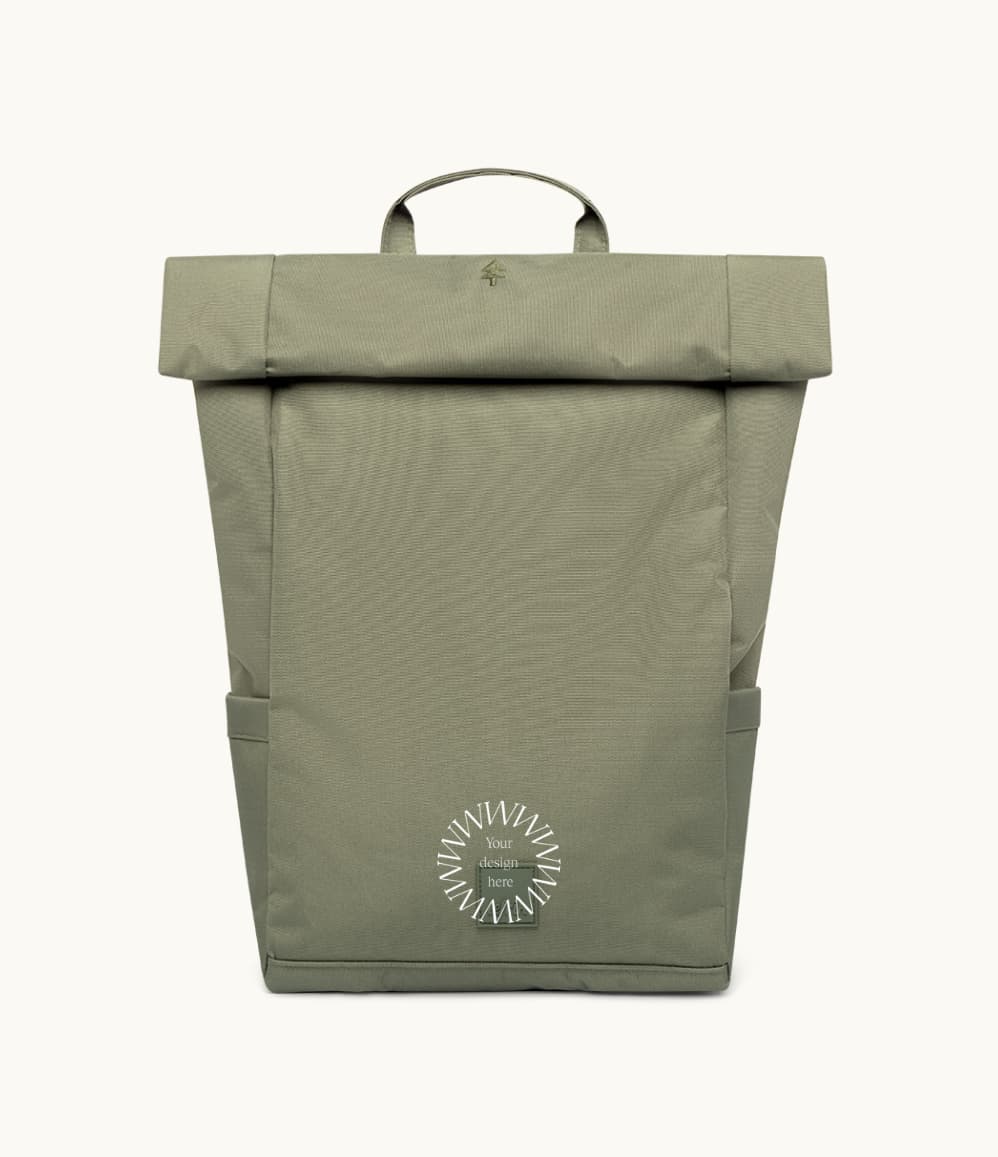 15L olive vegan roll top backpack recycled PET premium sustainable branded merchandise
