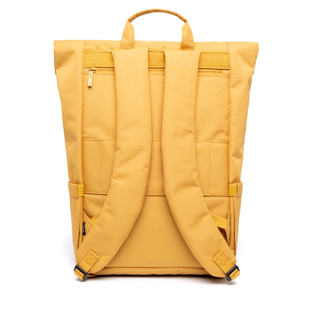 Vegan Roll-Top Backpack 21L in mustard, back showing straps