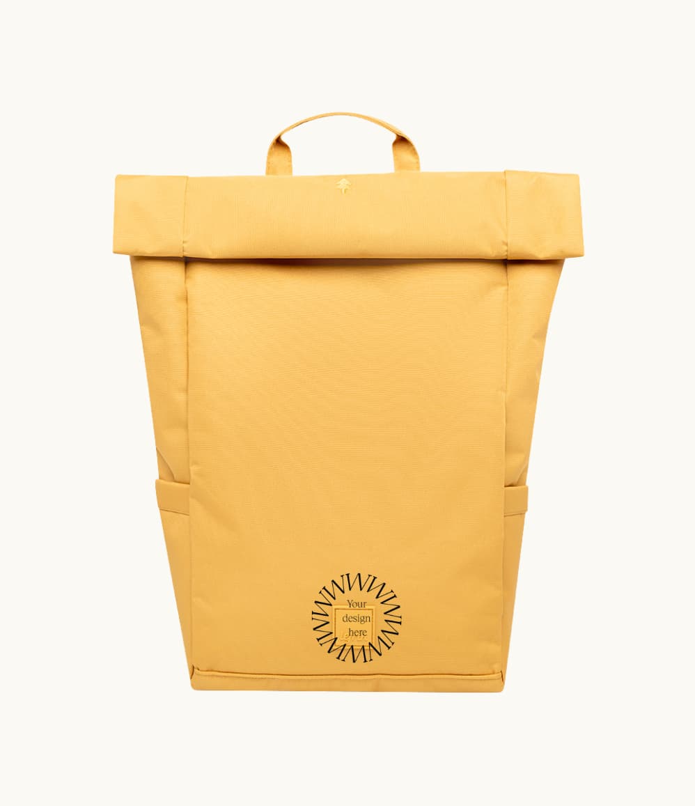 Vegan Roll-Top Backpack 21L in mustard, front with logo placement.