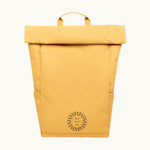 Vegan Roll-Top Backpack 21L in mustard, front with logo placement.
