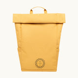 Vegan Roll-Top Backpack 21L in mustard, front with logo placement.