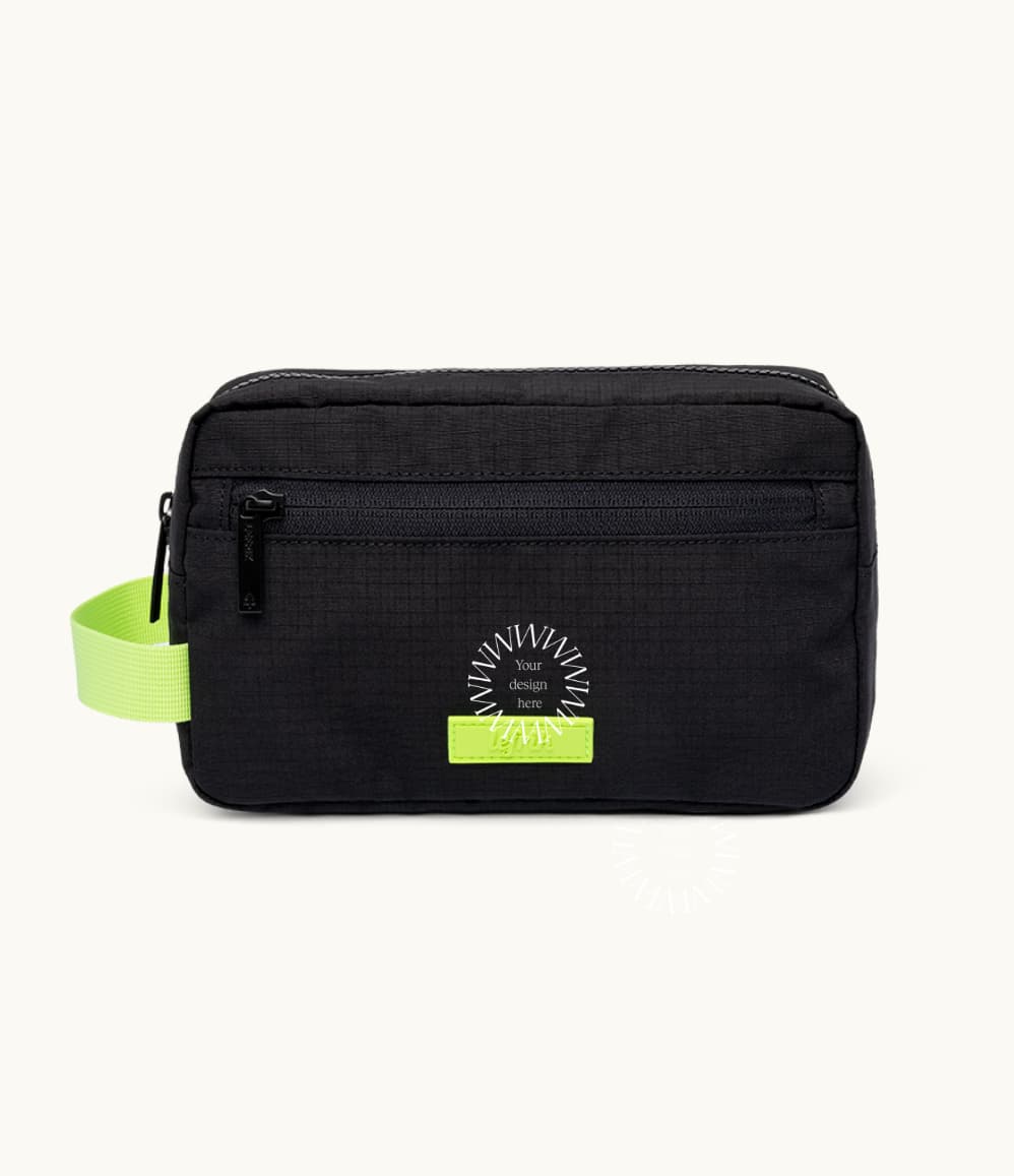 rPET Washbag in black, showing logo placement