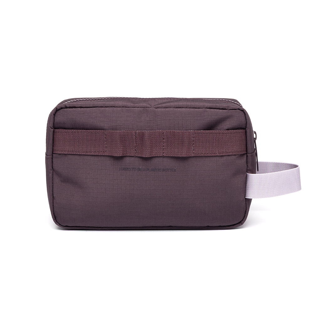 Back view of vegan water resistant toiletry bag, sustainable eco swag for corporate gifting.