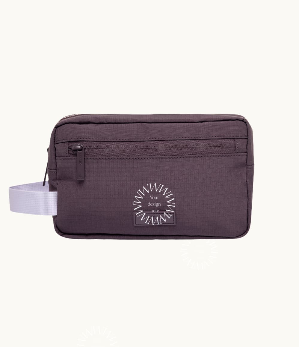 rPET Washbag in maroon, showing logo placement