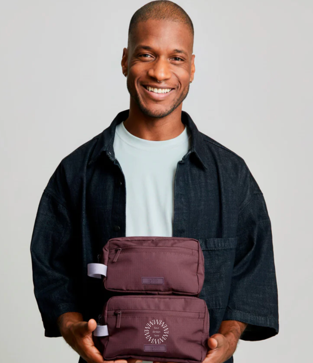 Burgundy RPET wash bag, personalised corporate gifts made from recycled materials