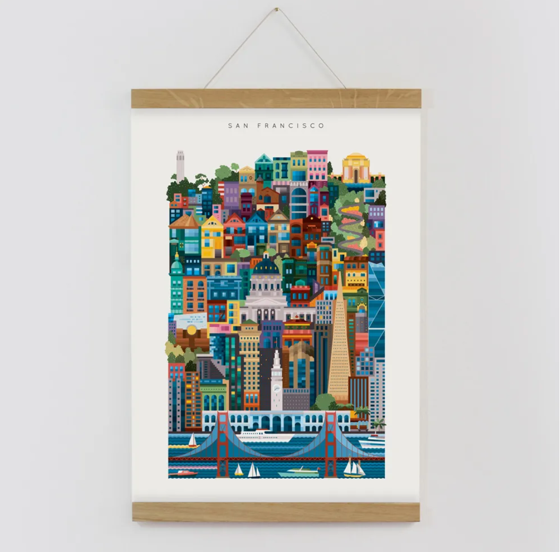 San Francisco blockprint wall art featuring the Golden Gate Bridge and city skyline. Unique sustainable corporate gifts for clients.